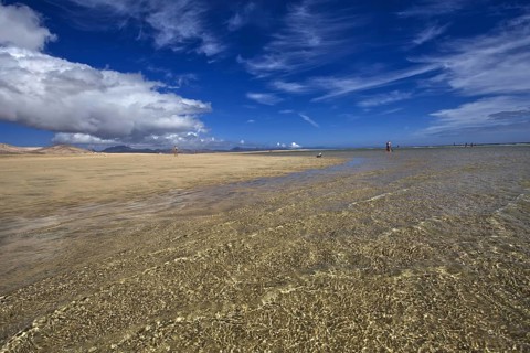 Playa Risco del Paso, Playa de Sotavento beach with calm sea and lively sky, Pajara, Fuerteventura,
