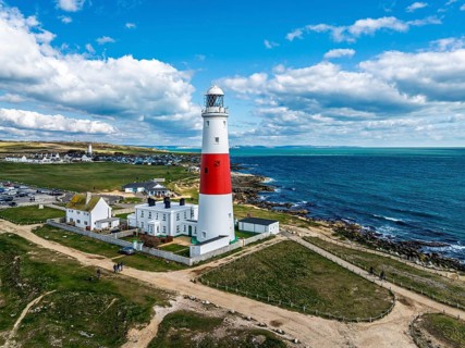 Portland Bill Lighthouse from a drone, Portland Bill, Isle of Portland, Dorset, England, United
