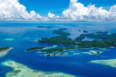 Aerial view of 70 Rock Islands green islands in island paradise island state Palau in the Pacific