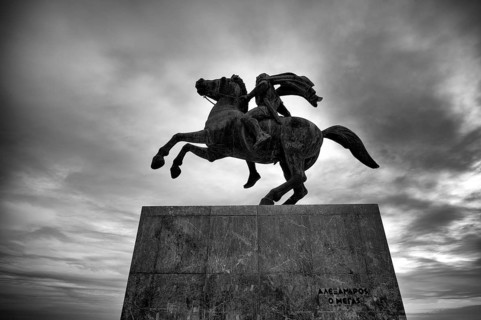 Statue, statue, monument, military leader Alexander the Great on his horse Voukefalas, promenade,