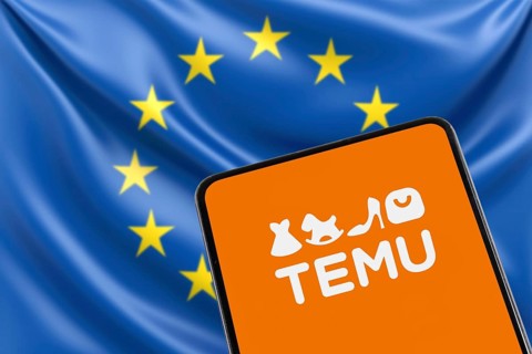 Temu logo online marketplace from China with EU European Union flag online trading ecommerce on a