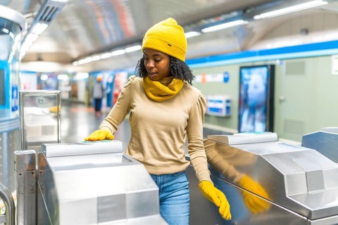 Young black woman wearing yellow woolen hat and gloves validating electronic ticket to enter subway