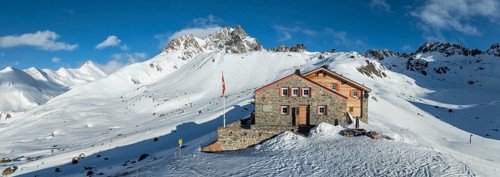 SAC Alpine Club hut in winter, Chamanna d'Es-cha, Pitz Blaisun, Albula Alps, Grisons, Switzerland,