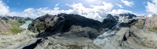 Aerial view, Alpine panorama, mountain landscape with glacier Glacier de Cheilon and summit Mont