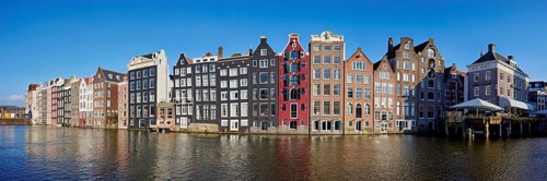 Panorama of the dancing houses, Damrak canal, Amsterdam, Province of North Holland, Netherlands