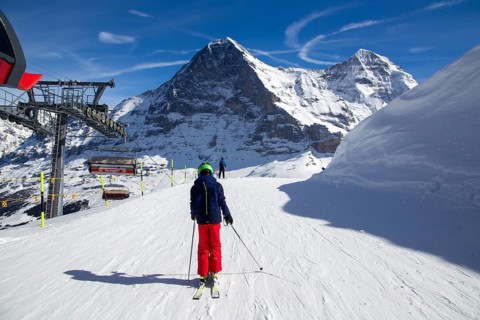 25 March 2024: Skiing against the backdrop of the north face of the Eiger in Grindelwald,