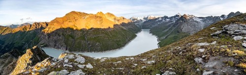 Picturesque mountain landscape at the summit Mont de la Blana at sunset, view of blue mountain