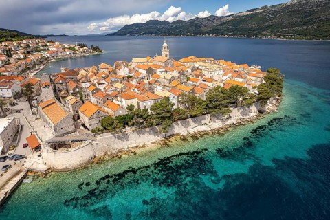 The old town centre of Korcula town seen from the air, Croatia, Europe