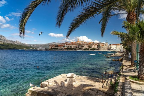 View of the old town and harbour of Korcula, Croatia, Europe
