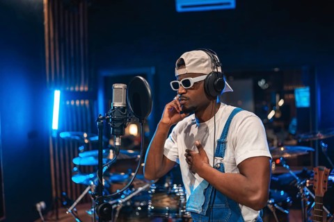 Young, stylish male artist passionately recording a song in a professional music studio, surrounded