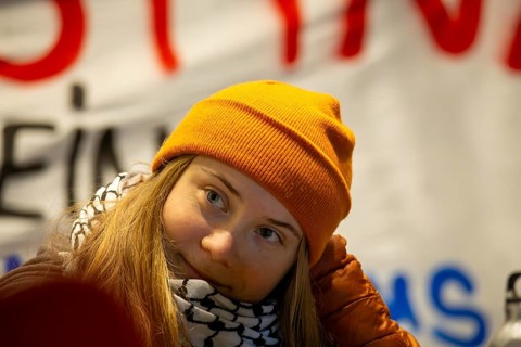 Greta Thunberg taking part in a pro-Palestinian rally on the market square in Mannheim