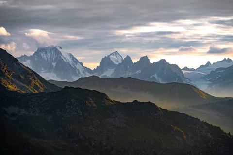 Evening mood in the mountains, view of the Dents-du-Midi mountain range, summit, Chablais Alps,