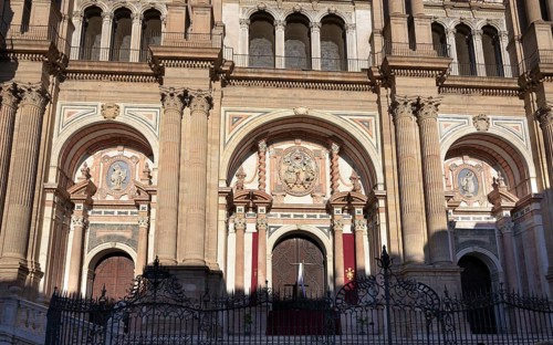 Main portal of the cathedral Santa Iglesia Catedral Basílica de la Encarnación in the evening