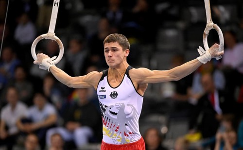 Timo Eder GER rings action gymnastics, EnBW DTB-Pokal, Porsche-Arena, Stuttgart, Baden-Württemberg,