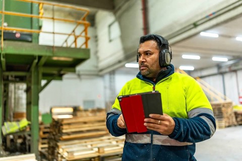 Man caucasian adult worker doing inventory using digital tablet in a recycling plant full of