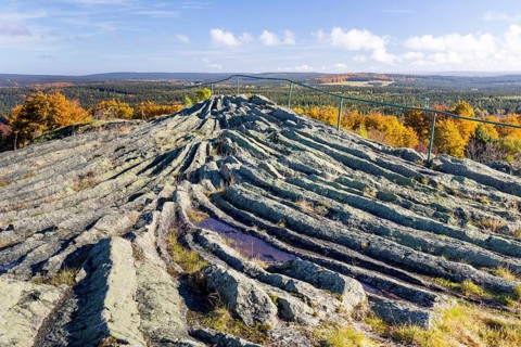 Exposed basalt outcrop from volcanic times, Hirtstein, Marienberg, Erzgebirge, Saxony, Germany,