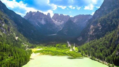 Breathtaking aerial view of lago di landro, or durrensee lake, surrounded by the stunning dolomites