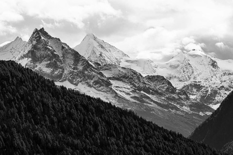 Snow-covered peaks of the mountains Le Besso and Obergabelhorn, black and white photo, Val