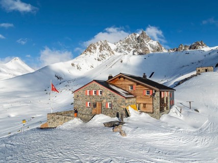 SAC Alpine Club hut in winter, Chamanna d'Es-cha, Pitz Blaisun, Albula Alps, Grisons, Switzerland,