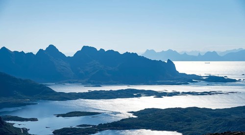 Mountain peak and fjord Austensfjorden, fjord landscape and sea, view from the summit of