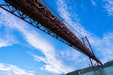 Lisbon, Landmark suspension 25 of April bridge over Tagus reiver near Belem tower