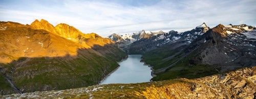 Picturesque mountain landscape at the summit Mont de la Blana at sunset, view of blue mountain