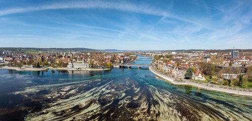 Aerial view, panorama of Lake Constance and the Seerhein also Rhine funnel at low water with the
