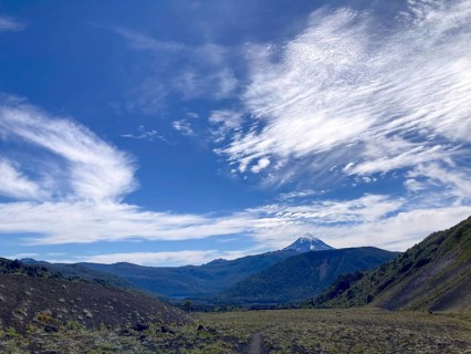 View from the lava field of the Achen Niyeu volcano to the Lanin volcano in Lanin National Park,