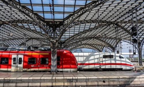 Cologne Central Station, ICE train and S-Bahn on the platform, North Rhine-Westphalia, Germany,