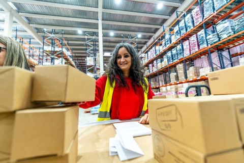 Adult caucasian happy woman working in a distribution warehouse organizing boxes to deliver
