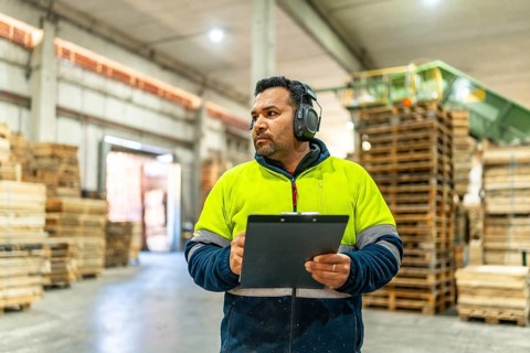 Man doing inventory writing notes on clipboard in the carpentry area of a recycling plant