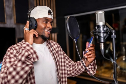 Young man wearing headphones and holding smartphone, recording a song or rap music in a