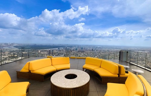 Panoramic view of Bangkok skyline downtown in business financial center from King Power Mahanakhon