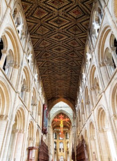 Interior of cathedral church, Peterborough, Cambridgeshire, England, UK looking up at ceiling and