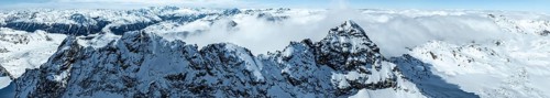 Alpine panorama, aerial view, mountain peak Piz Kesch and glacier Vadret da Porchabella, Albula
