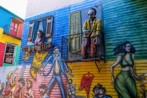 La Boca, Buenos Aires, Argentina, colourfully painted houses in the harbour district around the El