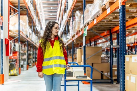 Woman worker in safety clothes walking pushing boxes in a cart at warehouse
