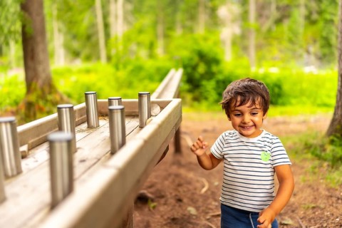 Young boy having fun interacting with a wooden sensory play table with metal cylinders in a natural