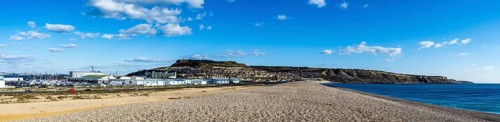 Panorama of Chesil Beach, West Bay to Portland, Jurassic Coast, Dorset, England, United Kingdom,
