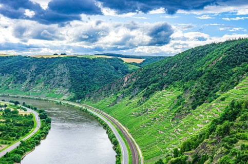View over the Moselle and the Moselle valley near Winningen, Rhineland-Palatinate, Germany, Europe