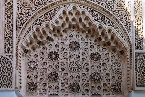 Stucco wall decoration in El Bahia Palace in Marrakech Medina, Unesco World Heritage Site, Morocco,