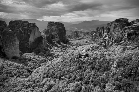 Sunset over the Monastery of Rousanou and the Monastery of St Nicholas Anapavsa, Anapavsas, Metéora