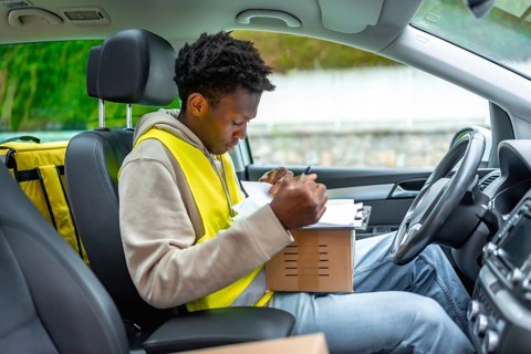African delivery man checking packages for delivery sitting inside a car