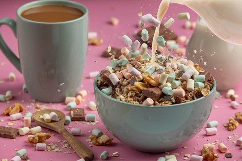 Breakfast, milk is poured into a bowl with muesli and colourful marshmallows, coffee next to it