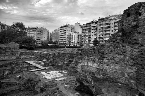 Forum Romanum, Roman Forum, Roman Agora, archaeological site, black and white, Thessaloniki,