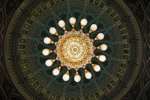 Ceiling light in the men's prayer room, interior view, in the Sultan Qabus Grand Mosque, Muscat,