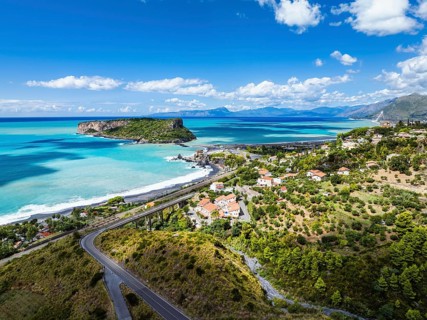 Praia a Mare from a drone, Tyrrhenian Sea, Cosenza, Calabria, Italy, Europe