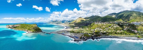 Panorama of Praia a Mare from a drone, Tyrrhenian Sea, Cosenza, Calabria, Italy, Europe