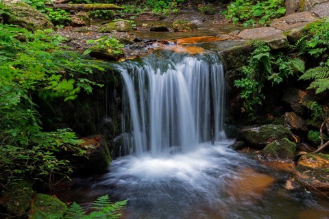 An impressive waterfall flows over rocks in a green forest, White Oppa, Bílá Opava, Bila Opava,