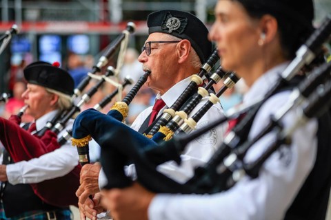 Bagpipe orchestra, Pipe concert, Sigmaringen, Baden-Württemberg, Germany, Europe